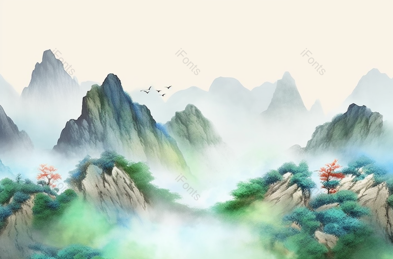 中国古风青绿山水画云雾缭绕的山峰飞鸟飞过石块绿木草丛,插画/手绘图,插画/手绘图库,插画/手绘图下载,插画/手绘
